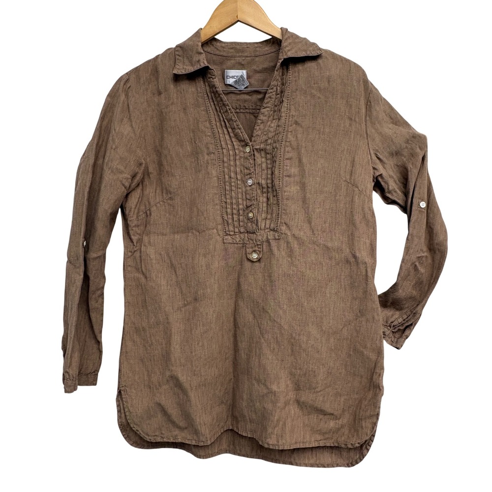 Chicos Brown 100% Linen Tunic Top Size 1 Long Sleeve Pintuck Henley Relaxed Fit